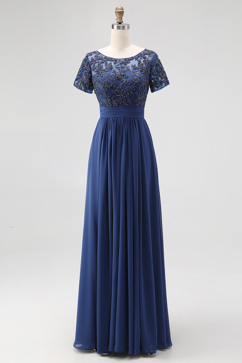 Navy Short Sleeves Applique A-Line Chiffon Mother of the Bride Dress