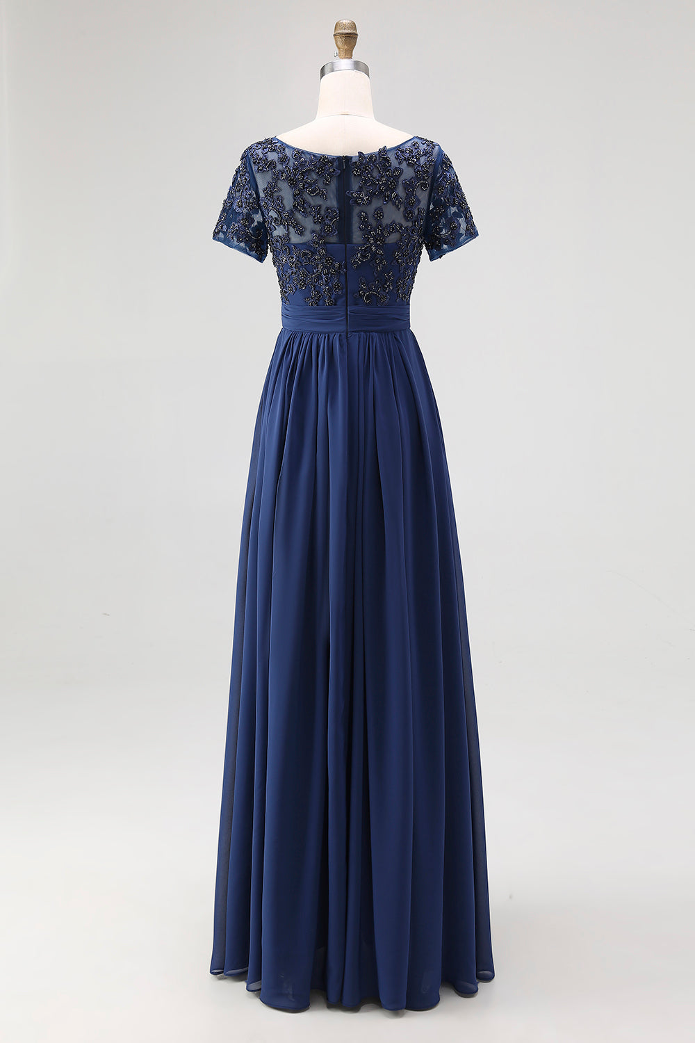 Navy Short Sleeves Applique A-Line Chiffon Mother of the Bride Dress