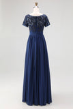 Navy Short Sleeves Applique A-Line Chiffon Mother of the Bride Dress