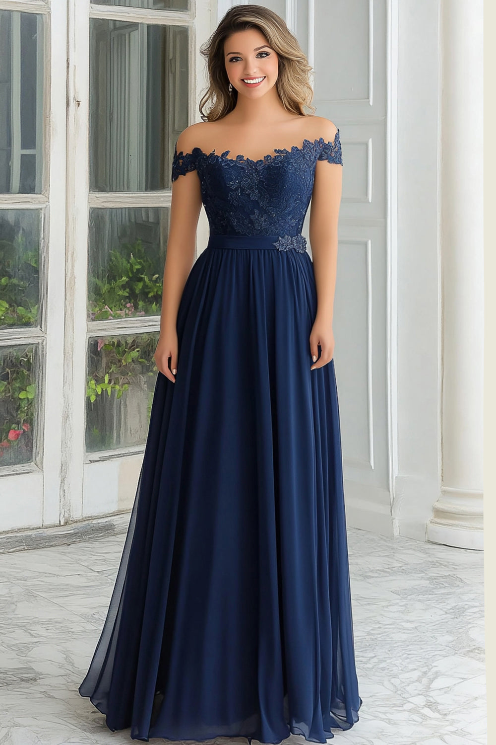 Navy Off the Shoulder Applique A-Line Chiffon Mother of the Bride Dress