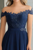 Navy Off the Shoulder Applique A-Line Chiffon Mother of the Bride Dress