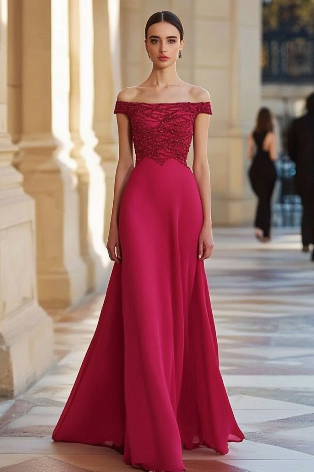 Red Off the Shoulder A-Line Maxi Formal Dress