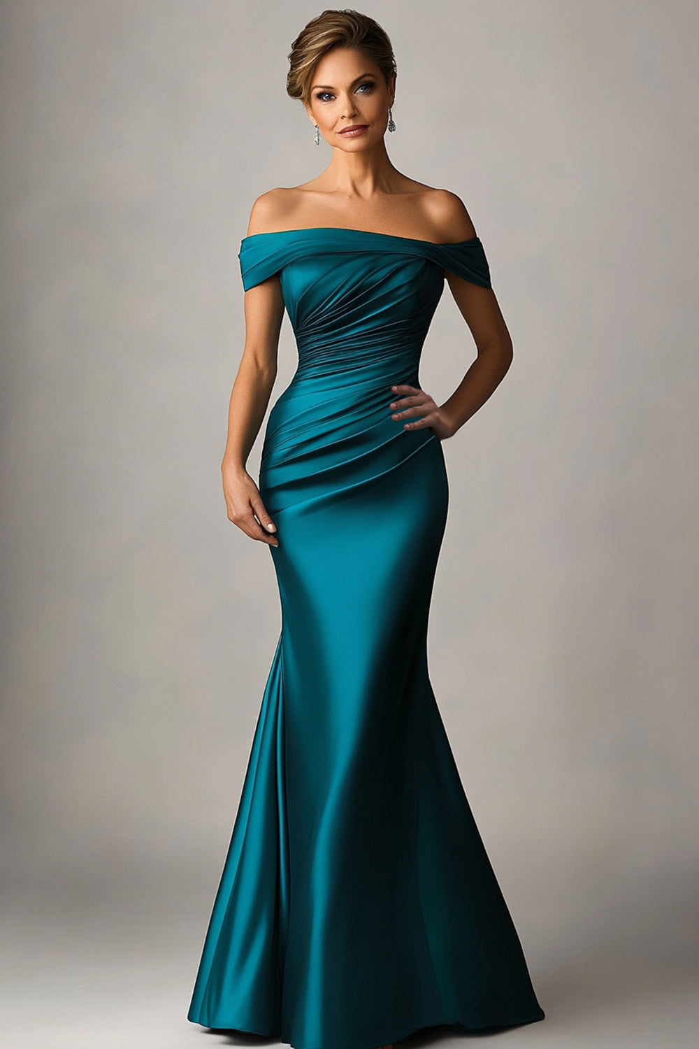 Off the Shoulder Eucalyptus Mermaid Satin Ruched Maxi Formal Dress