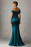 Off the Shoulder Eucalyptus Mermaid Satin Ruched Maxi Formal Dress