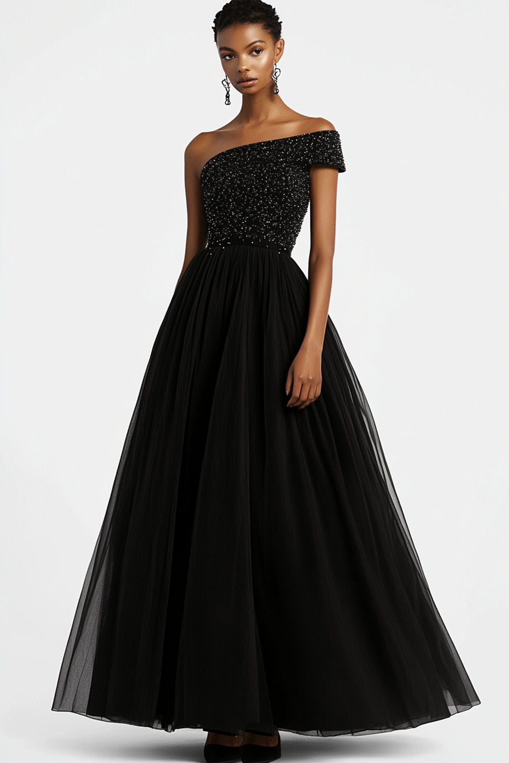 Black One Shoulder A-Line Beaded Formal Dress
