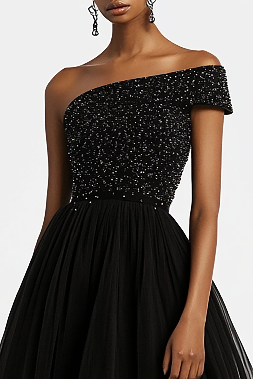 Black One Shoulder A-Line Beaded Formal Dress
