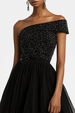 Black One Shoulder A-Line Beaded Formal Dress