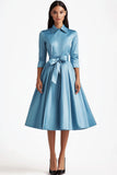 Blue 3/4 Sleeves A-Line Formal Dress with Sash