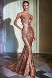 Sparkly Rose Gold Deep V-Neck Mermaid Formal Dress with Slit