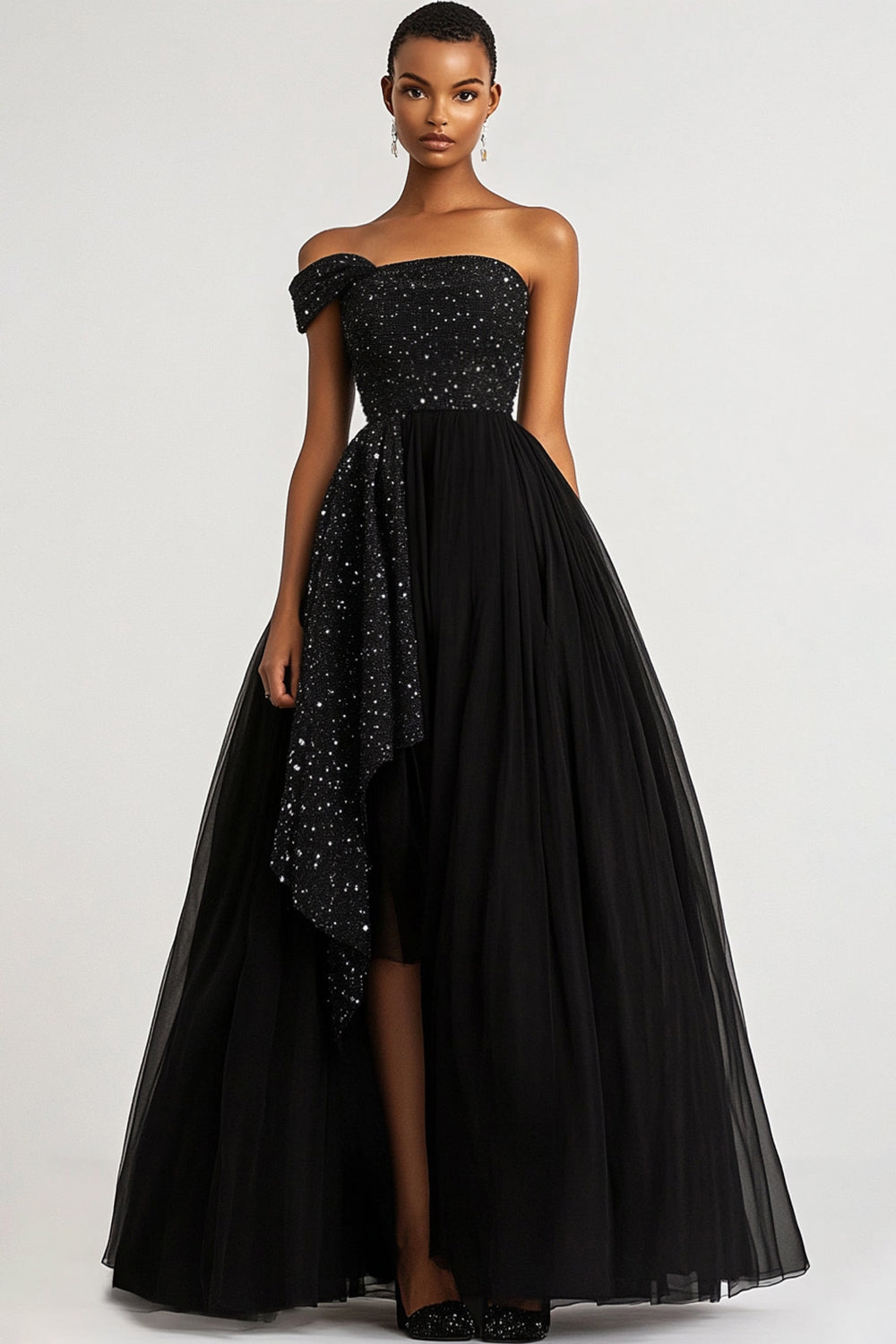 Black Tulle Ball Gown One Shoulder Maxi Formal Dress with Sequins