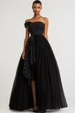 Black Tulle Ball Gown One Shoulder Maxi Formal Dress with Sequins
