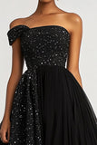 Black Tulle Ball Gown One Shoulder Maxi Formal Dress with Sequins