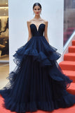 Navy Ball Gown Strapless Ruffled Red Carpet Dress