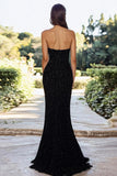 Sweetheart Sparkly Sequins Black A Line Prom Dress with High Slit