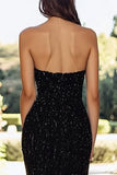 Sweetheart Sparkly Sequins Black A Line Prom Dress with High Slit