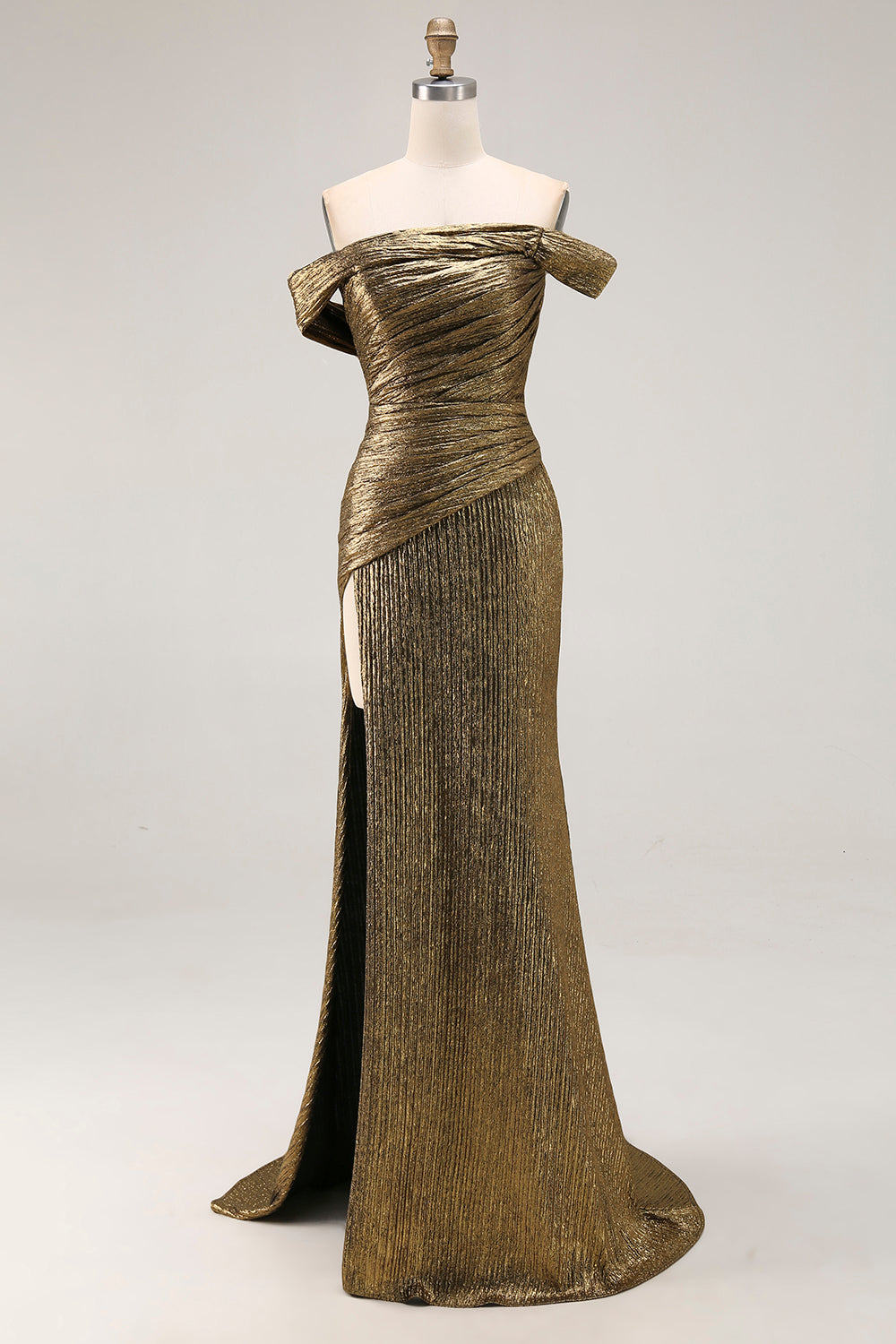 Metallic Golden Off the Shoulder Sheath Prom Dress with Slit