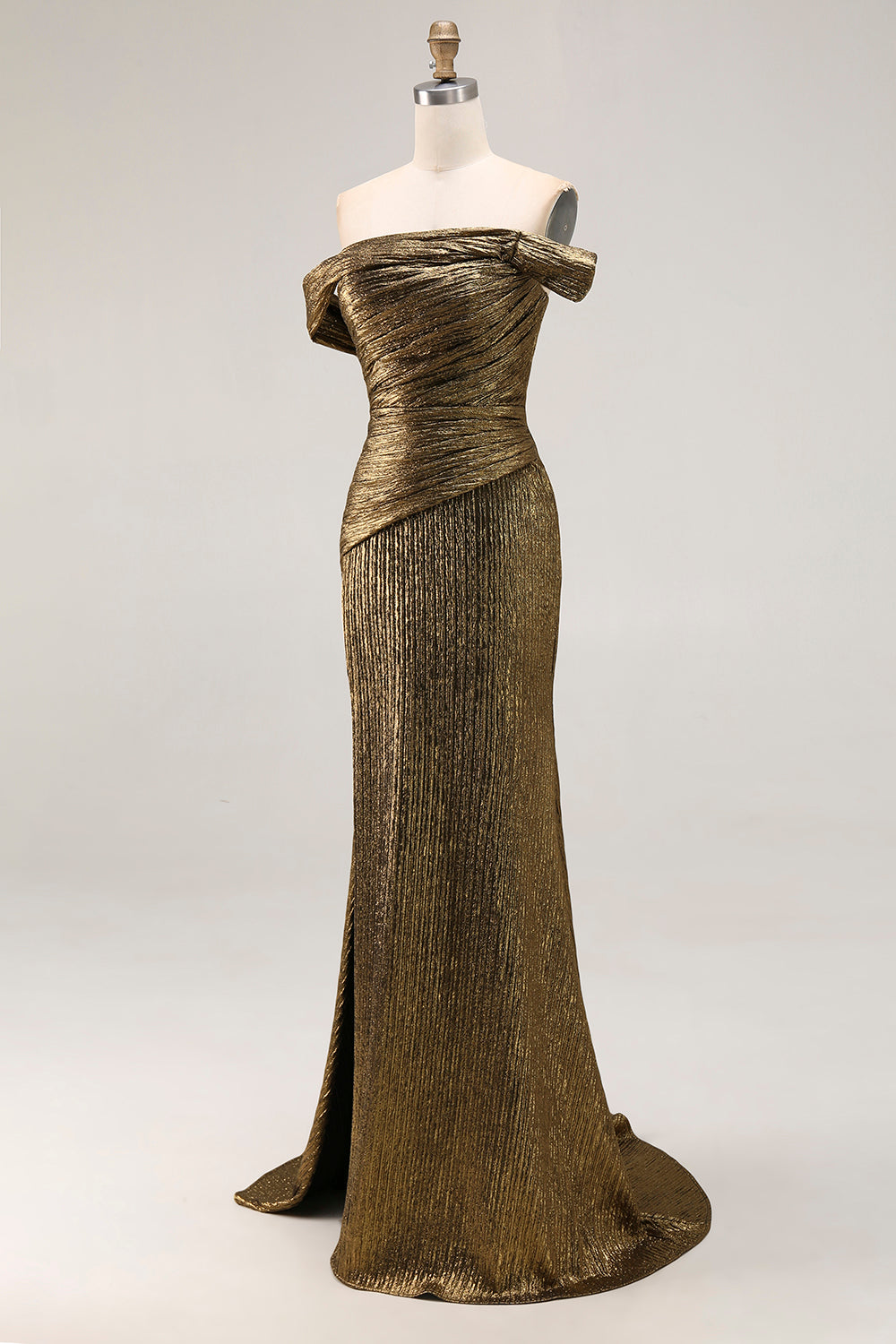 Sparkly Metallic Golden Long Sheath Prom Dress with Slit
