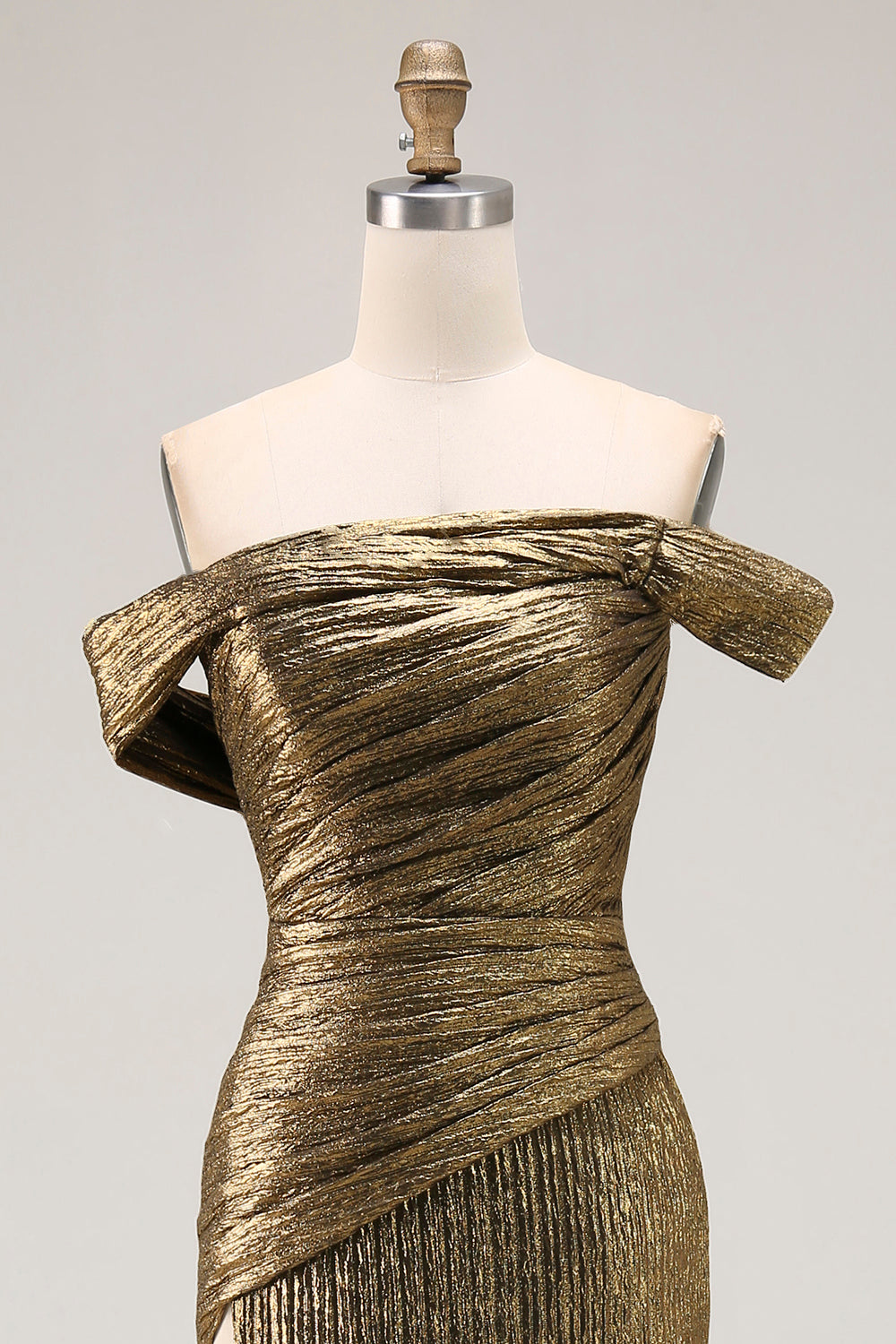 Sparkly Metallic Golden Long Sheath Prom Dress with Slit