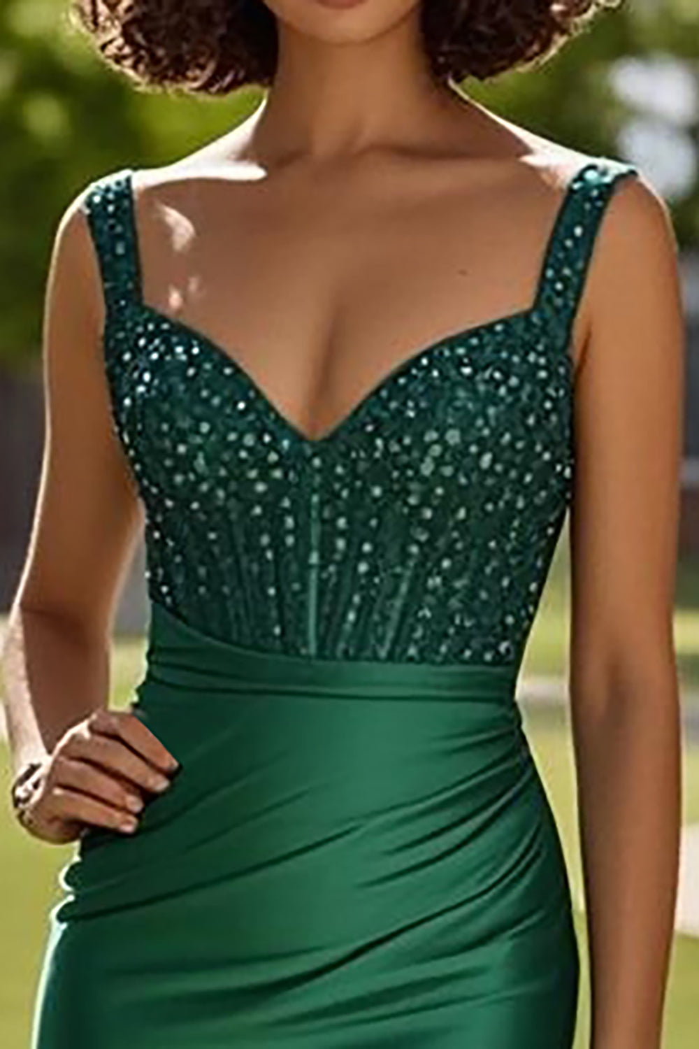 Dark Green Corset Beaded Mermaid Prom Dress with Slit