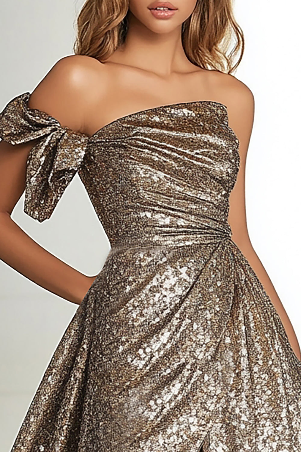 Glitter A Line Metallic Gold One Shoulder Long Prom Dress with Slit