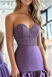 Beaded Plum A Line Satin Strapless Sweetheart Prom Dress with Ruffles