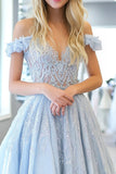 Glitter Sky Blue A Line Sweetheart Off the Shoulder Long Prom Dress