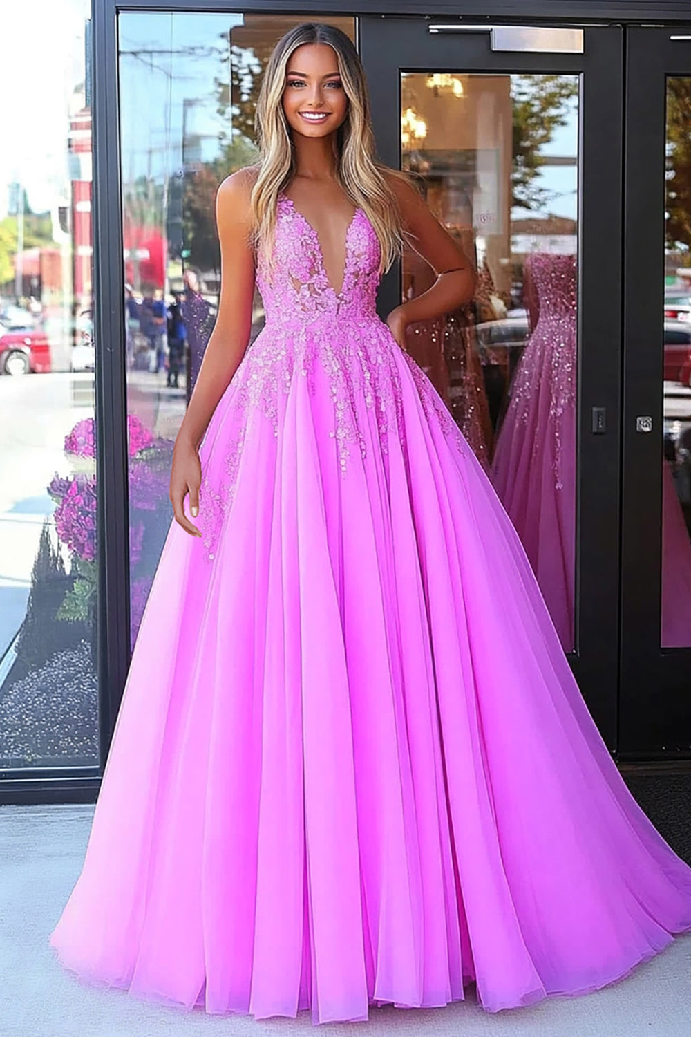 Fuchsia Corset Ball Gown V-Neck Applique Long Prom Dress