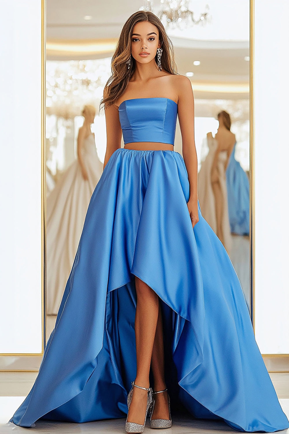2 Piece Strapless Ball Gown Blue High-Low Satin Long Prom Dress