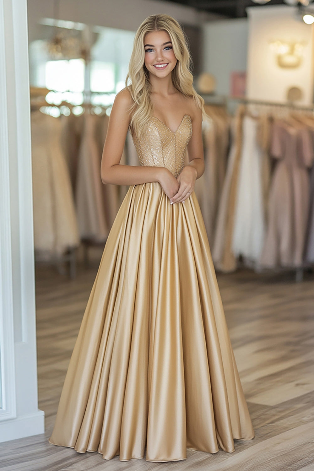 Gold Sweetheart Strapless Satin A Line Prom Dress with Beading