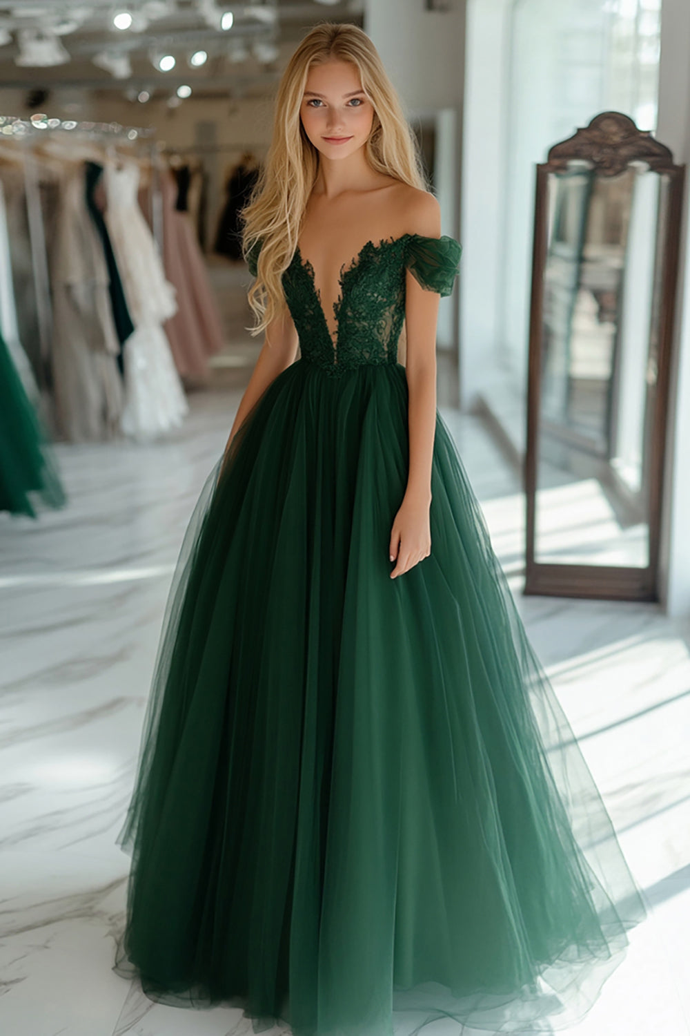 Dark Green Corset Off the Shoulder Tulle A Line Prom Dress with Applique