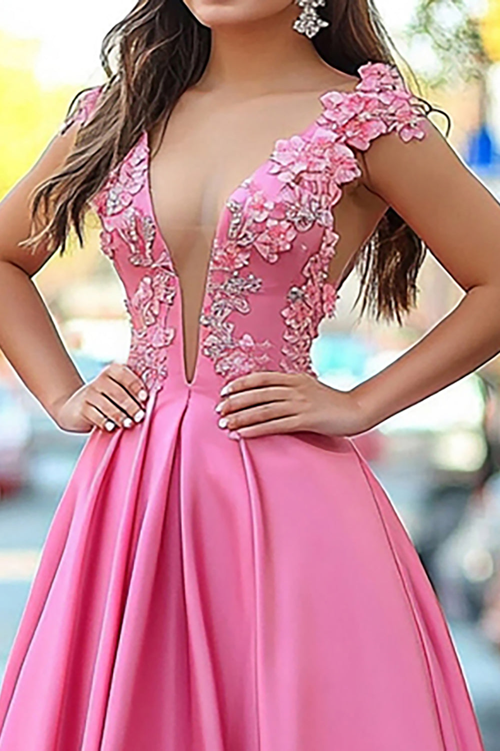 Princess Pink A Line V-Neck Floor Length Prom Dress with 3D Flower