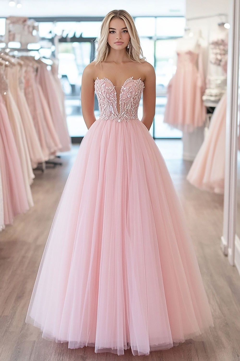 Pink Sparkly Corset Strapless Tulle A Line Prom Dress