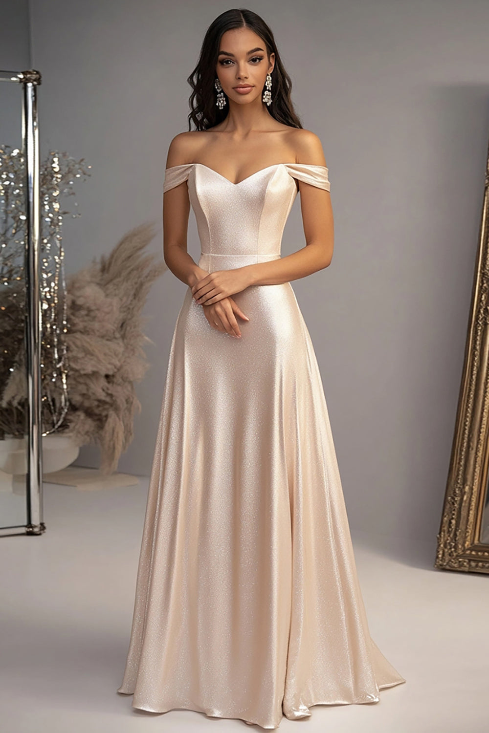 Elegant Champagne Off the Shoulder A Line Floor Length Prom Dress