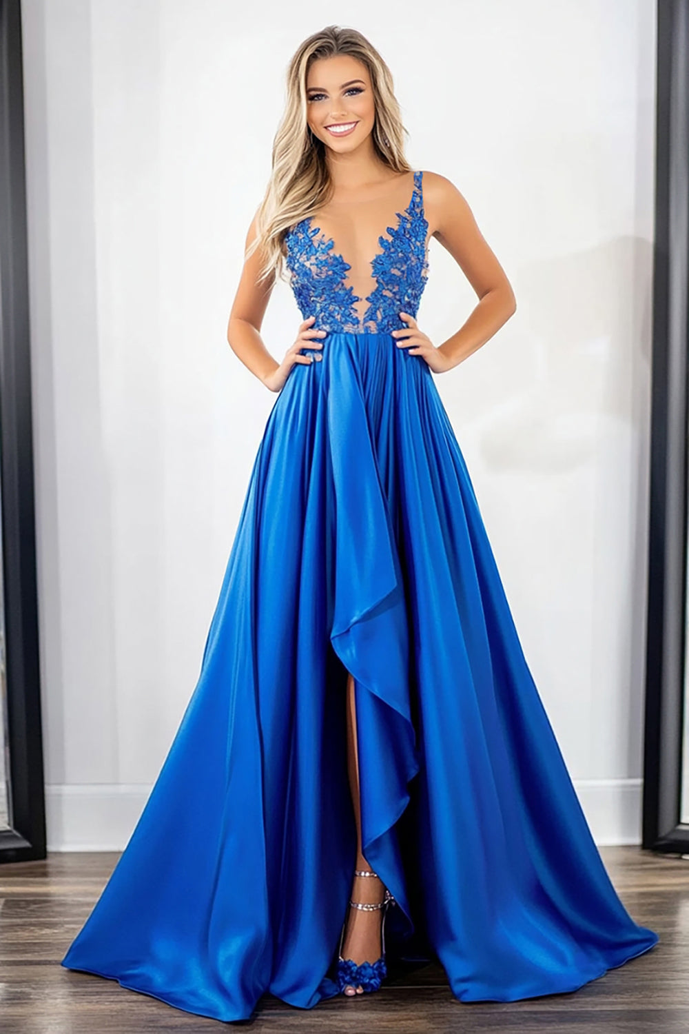 Royal Blue V Neck A Line High-Low Prom Dress with Appliques