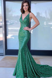 Green Deep V-Neck Sparkly Mermaid Long Sequins Prom Dress