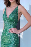 Green Deep V-Neck Sparkly Mermaid Long Sequins Prom Dress