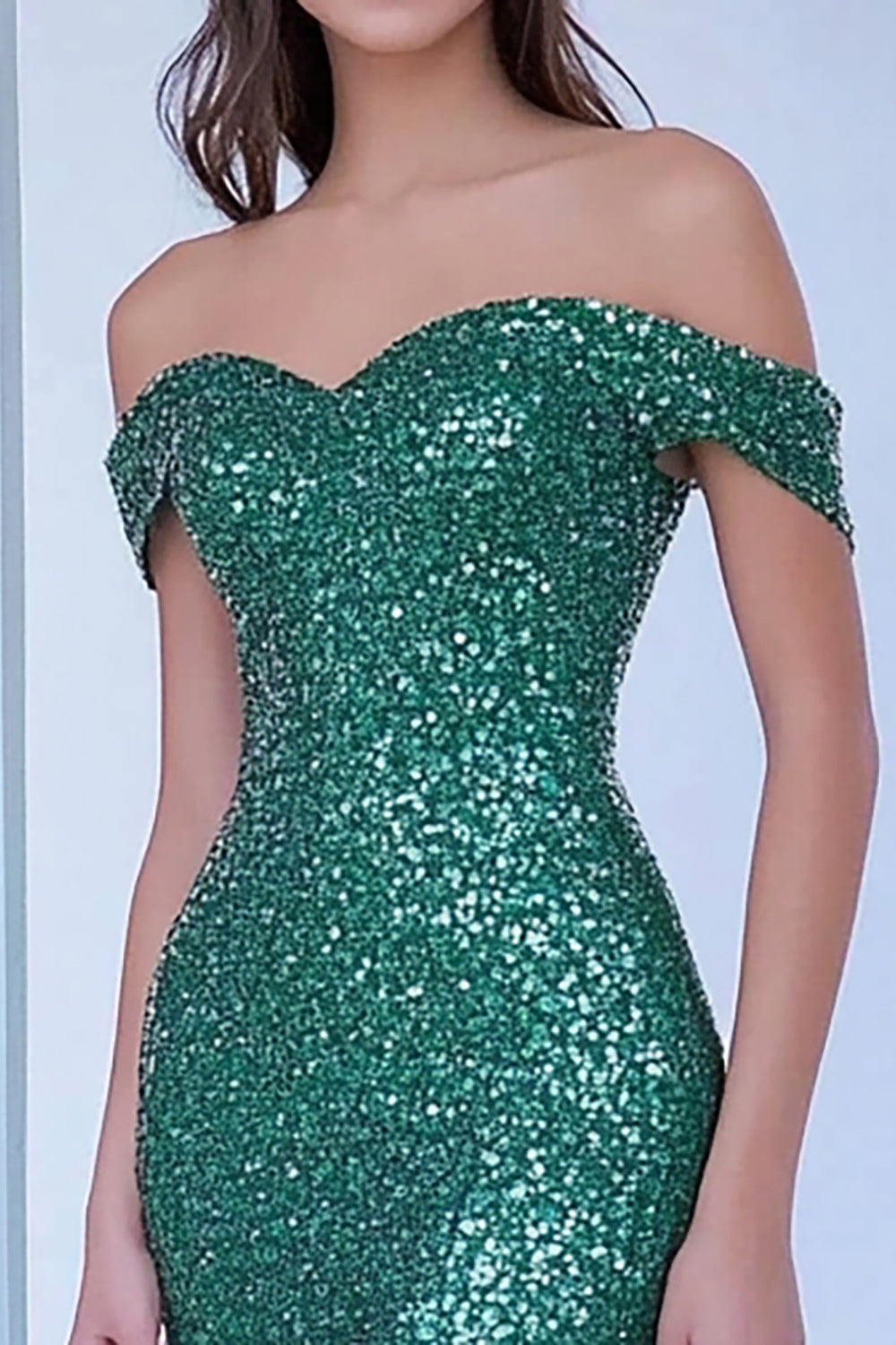 Sparkly Green Sequin Off the Shoulder Sheath Long Prom Dress