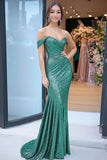 One Shoulder Sparkly Green Ruched Sheath Long Prom Dress