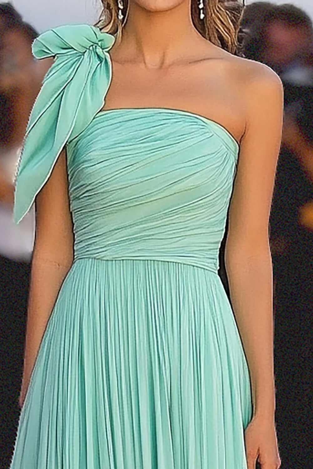 One Shoulder Mint A Line Pleated Long Formal Dress
