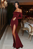 Burgundy Off The Shoulder Sheath Red Carpet Dress with Slit