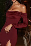 Burgundy Off The Shoulder Sheath Red Carpet Dress with Slit