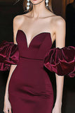 Burgundy Mermaid  Sweetheart Red Carpet Dress with Puff Sleeves