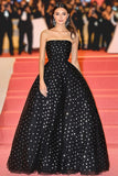 Black Strapless A Line Red Carpet Dress with Polka Dots