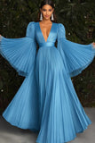 Blue Pleated A Line Red Carpet Dress with Long Sleeves