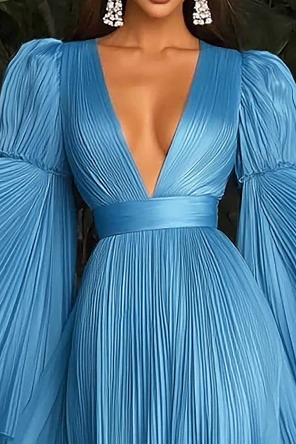 Blue Pleated A Line Red Carpet Dress with Long Sleeves