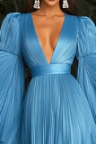 Blue Pleated A Line Red Carpet Dress with Long Sleeves