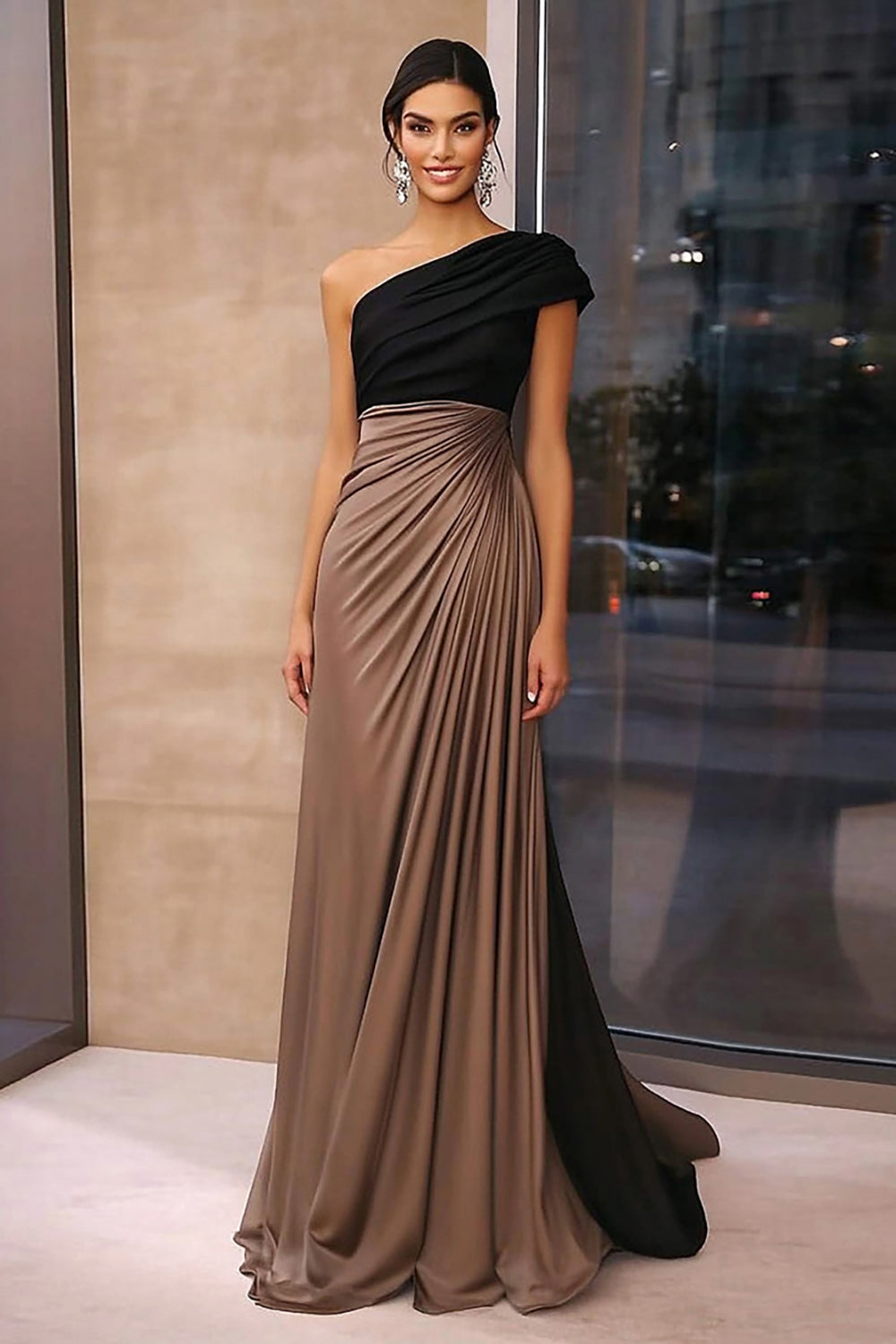 Black Brown Sheath One Shoulder Ruched Red Carpet Dress