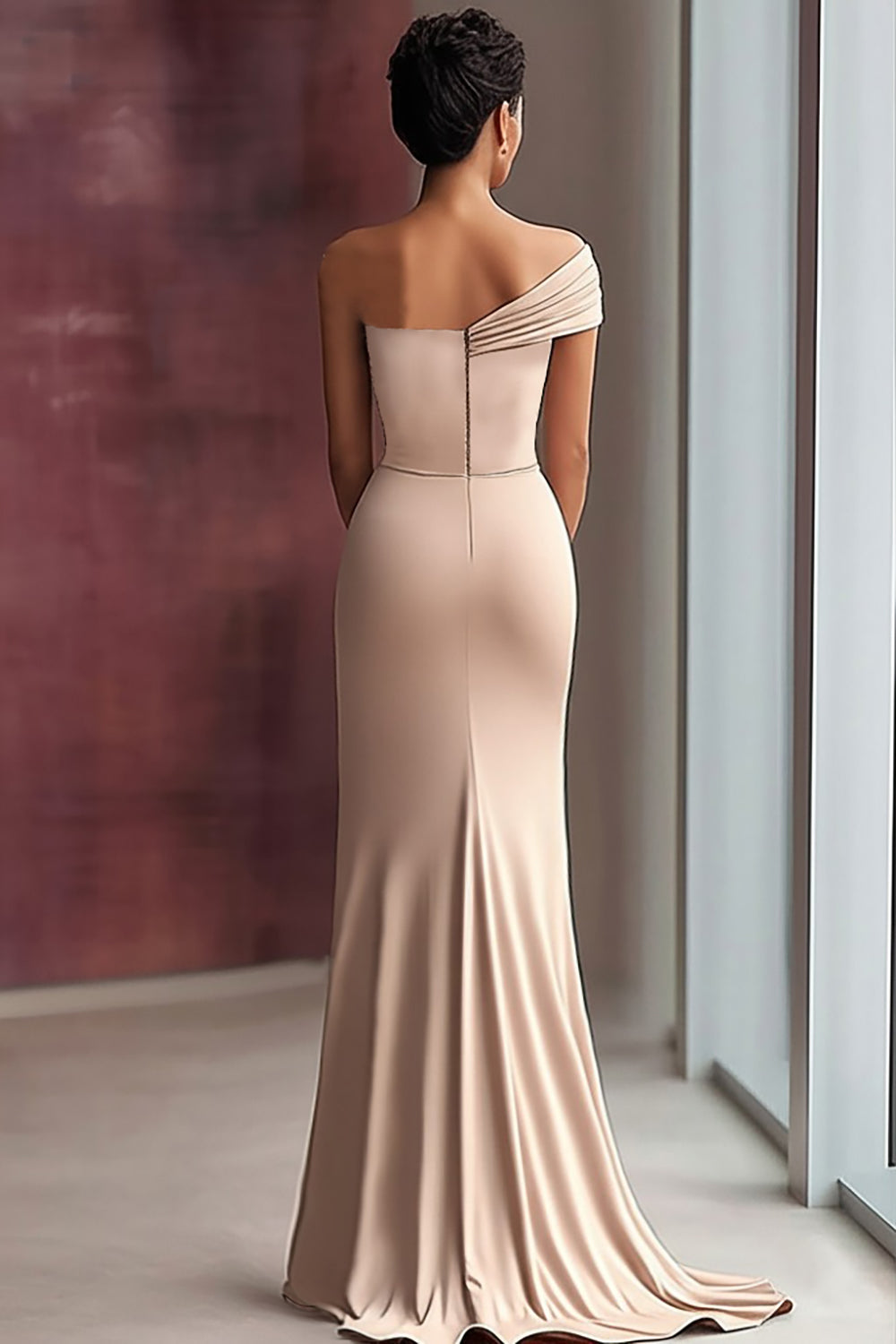 Light Khaki One Shoulder Sheath Ruched Red Carpet Dress