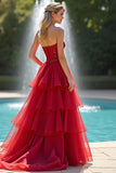 Sweetheart Corset Red A Line Tiered Long Prom Dress with Ruffles