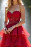 Sweetheart Corset Red A Line Tiered Long Prom Dress with Ruffles